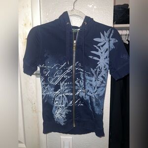 Lauren Ralph Lauren Petite Blue & Gold Short Sleeve Zip Up Hoodie